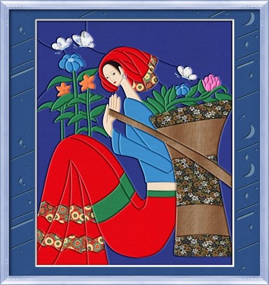 壹朵布艺DIY手工布贴画拼布画材料包工具民族风人物采花姑32*40cm-