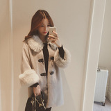 毛呢外套2015冬季韩版仿羊羔毛拼接毛领单排扣修身中长款外套女