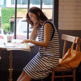 市舶司 韩国代购女装2016夏装新款简约撞色条纹无袖连衣裙AN2548