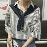 2016夏季新款韩版披肩宽松衬衫学生上衣棉麻竖条纹衬衣女装潮H910
