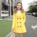 冬季2015韩版纯色大码毛领拼接呢子修身羊毛中长款长袖女士外套