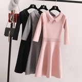 2016春装新款韩国单七分袖甜美娃娃领钉珠大摆显瘦针织连衣裙女