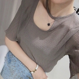 2016韩国代购压褶镂空大圆领 纯色宽松短袖雪纺衫T恤女夏季新款