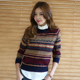 2015秋新款韩版针织打底毛衣半高领条纹针织衫女套头中袖修身上衣