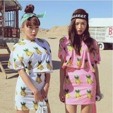 韩国代购Stylenanda新款复古夏天水果菠萝香蕉短款T恤+半身裙套装