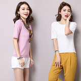 短款针织衫纯色T恤女夏季韩版蕾丝花边显瘦体恤学生上衣打底衫潮