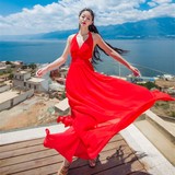 波西米亚海边度假沙滩长裙性感v领露背挂脖显瘦红色连衣裙夏礼服