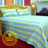 鲁鸣家纺蓝黄条纹纯棉老粗布布料手工床单枕头套三件套