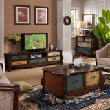 欧式复古电视柜客厅2.2米矮柜做旧电视柜茶几组合美式乡村电视柜