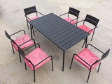 特价户外桌椅庭院桌休闲桌椅铁艺椅长方桌150CM一桌六椅黑色