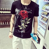 夏季玫瑰花印花短袖t恤男纹身衣服紧身半截袖个性潮流夜店体血衫