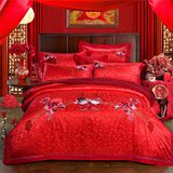 纯棉婚庆大红刺绣被套床单 1.8米床结婚双人绣花龙凤四件套