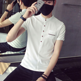 夏季韩版修身男士T恤 青少年休闲短袖潮男棉立领打底衫白色短t