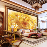 大型立体个性中式金色荷花荷叶主题壁画客厅卧室走廊酒店背景墙纸