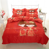 卡通婚庆结婚婚礼情侣大红色个性被套床单四件套床上用品纯棉床品