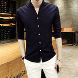 夏季男土短袖衬衫衣服韩版修身型中袖7七分袖5五分发型师衬衣 潮