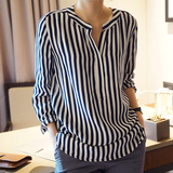 市舶司韩国代购女装2016春装新款V领条纹不规则长袖衬衫GC1277