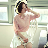 韩国风潮牌余单 夏女装简约粉白色七分袖雪纺衫宽松套头雪纺衬衫