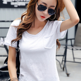 夏装韩版范新款V领竹节棉半袖体恤女白色显瘦短袖t恤女款纯棉上衣