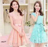蘑菇街夏装新款韩版修身淑女气质款中长款甜美蕾丝有袖子连衣裙女