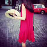 孕妇装韩版宽松大码雪纺无袖连衣裙中长款大红色显白显瘦褶皱裙子