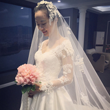 婚纱礼服新娘2016新款韩式大码双肩v领蕾丝长袖缎面长拖尾夏季女