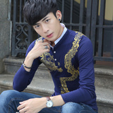 中国风男长袖t恤 立领Polo衫青少年韩版修身潮男龙纹印花带领上衣