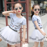 2016夏季新款女童短袖裙子套装中大童条纹纱裙两件套儿童韩版裙套