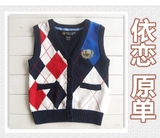 韩国外贸原单2013秋专柜款格子大童马甲 男童背心儿童毛衣外套