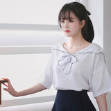 2016夏季新款韩版女装甜美学院风蝴蝶结短袖衬衫女小清新学生衬衫
