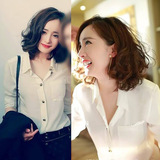 2016夏季新品韩国时尚休闲翻领衬衣修身长袖雪纺白色衬衫女装韩范