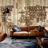 3D复古木板大型壁画 个性立体字母壁纸 世界地图客厅电视背景墙纸