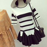 2016夏装新款韩国小香风立体感荷叶边黑白条纹撞色中袖针织衫上衣