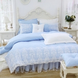 韩版公主蓝色莫代尔夹棉绗缝床罩式四件套全棉加厚蕾丝被套床裙式
