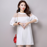 2016韩版新款纱网宽松大码百搭修身中长款长袖T恤打底衫女夏装