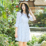 花园派对 2016春装新款韩版收腰显瘦五分袖碎花连衣裙女短裙子