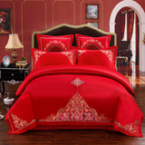 中国风婚庆四件套大红色结婚床上用品床单被套件简约刺绣新婚床品