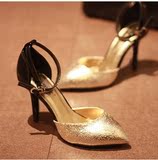 2015春季新款韩国代购公主高跟鞋尖头细跟拼色浅口zara女单鞋银色