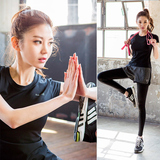 瑜伽服套装韩国显瘦修身黑色短袖上衣女假两件健身房服运动跑步裤