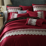 高档婚庆酒红结婚床上用品 欧式全棉四件套蕾丝花边家纺
