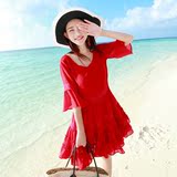 夏季显瘦波西米亚短裙五分袖沙滩裙女中长款大码胖mm蕾丝连衣裙红