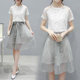 2016夏季新款韩版修身短袖连衣裙 蕾丝衫配欧根沙半身裙子网纱