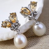 韩国时尚天然淡水珍珠耳钉纯银镀18K金黄水晶蝴蝶珍珠耳饰品礼物