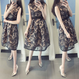 韩国代购2016夏季女装新款韩版修身蕾丝无袖中长款a字高腰连衣裙