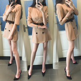韩国代购2016夏装新款韩版气质修身显瘦双排扣V领时尚中袖连衣裙