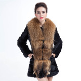 韩版超大貉子毛领整皮兔毛皮草女中长款修身拼接长袖冬装加厚外套
