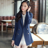 2015春装新款韩版拉链口袋双排扣后开叉中长款垫肩西装长外套女式