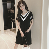 韩国2016夏季韩版女装海军风连衣裙中长款短袖大码宽松学院风裙子