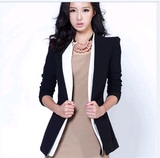 2013新款女装 高档韩版修身加厚中长款小西装外套立领撞色西服女
