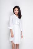 正品包邮 国内设计师品牌 16夏 白色系带收腰长袖衬衫式连衣裙